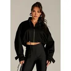 Jaqueta Feminina Cropped Jacquard Oversized Casaco Outono Inverno Manga Longa Elegante Premium