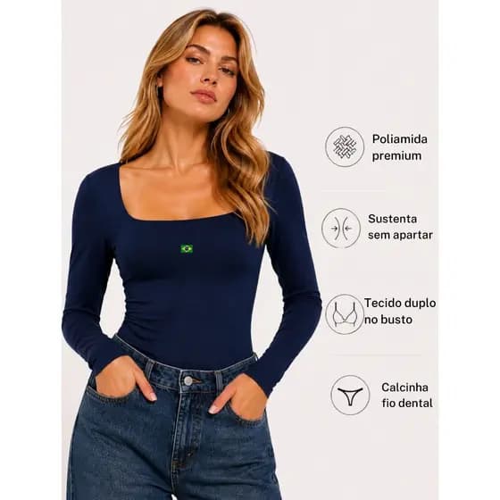 Body Blusa Feminina Decote Quadrado Forro Manga Longa Poliamida Segunda Pele Inverno Calcinha Fio Copa do Mundo Brasil