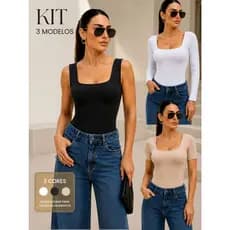 Kit 3 Body Manga Longa Manga Curta Regata Decote Quadrado Poliamida Segunda Pele Inverno Blusa Feminina