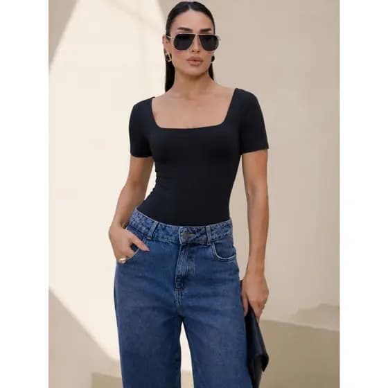 Body Blusa Feminina Decote Quadrado Forrro Manga Curta Poliamida Segunda Pele Inverno Calcinha Fio