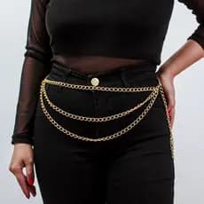 Body Chain Minimalista Feminina Dourada Camada Tripla Lateral Acessório Cinto Corrente Punk Rock Off
