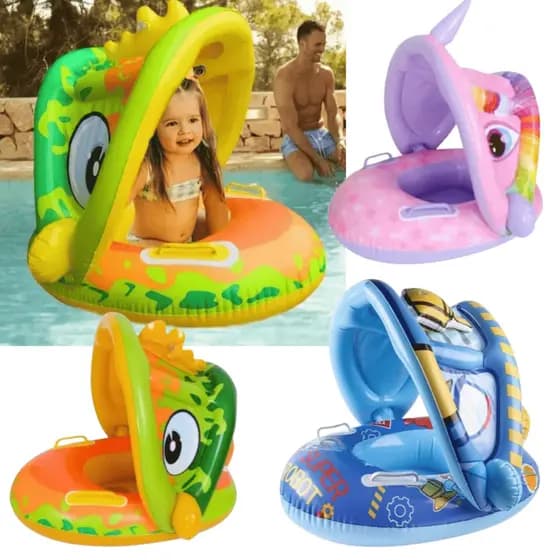 Boia Inflável Infantil para Bebê com Cobertura Proteção do Sol Brinquedo de Piscina Rosa Verde