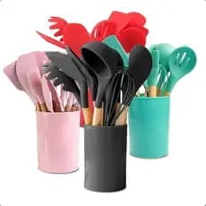 Kit de Utensílios de Cozinha 12 Peças de Silicone e Cabo de Madeira