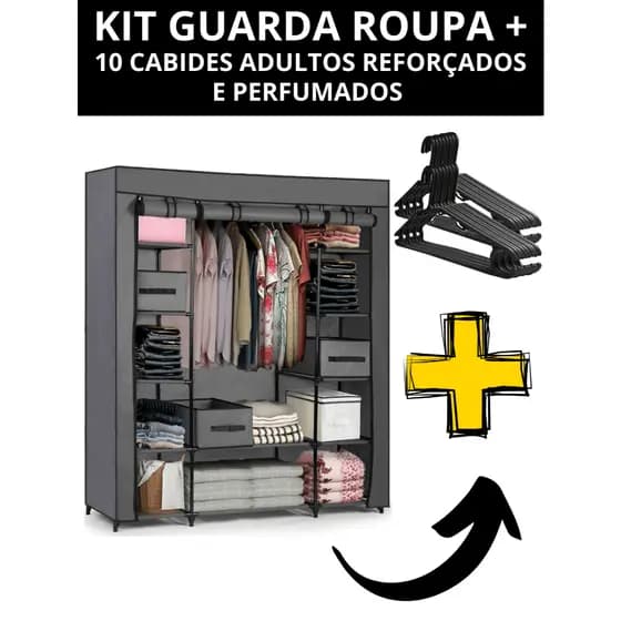 Kit Guarda Roupa c/3 Portas Dobravel Armario Organizador Portatil + 10 Cabides Adultos Resistente Casa Utilidade Quarto
