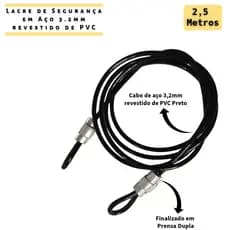 1 Lacre Segurança Collor Multiuso 2,50 Metros Cabo de Aço Revestido Bag Bike Bagagem Bolsa