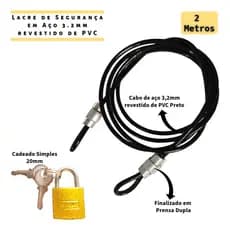 1 Lacre Cabo Segurança 2 Mts + Cadeado 20mm Bag Bike Bolsa Bagagem Trava Multi uso