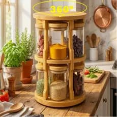 Jogo Porta Condimento Tempero 10 Potes Vidro Giratório Tampa Bambu Hermético 250ML SuporteOrganizado