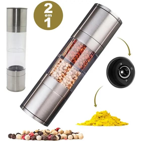 Moedor de Pimenta E Sal Grosso Triturador Manual Duplo 2 em 1 Gourmet Aço Inox Tempero Pequeno