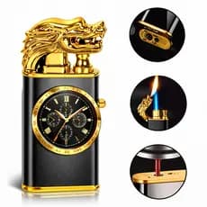 Isqueiro De Metal Dragão Com Relógio Analógico Chama Dupla Maçarico (Sem Gás) Luxo Para Colecionador