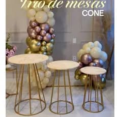 Trio De Mesa Cone em ferro Com Tampo Em Madeira Pinus