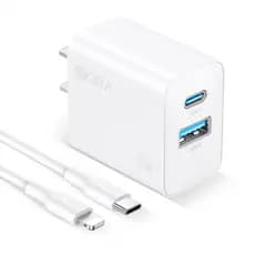 Carregador Rápido 20W com Portas USB-C PD 3A e USB-A e Cabo Lightning - Plug Americano
