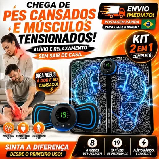 Kit Massageador Muscular EMS Elétrico e Tapete Massageador Para os Pés Portátil Alívio de Dor e Cir