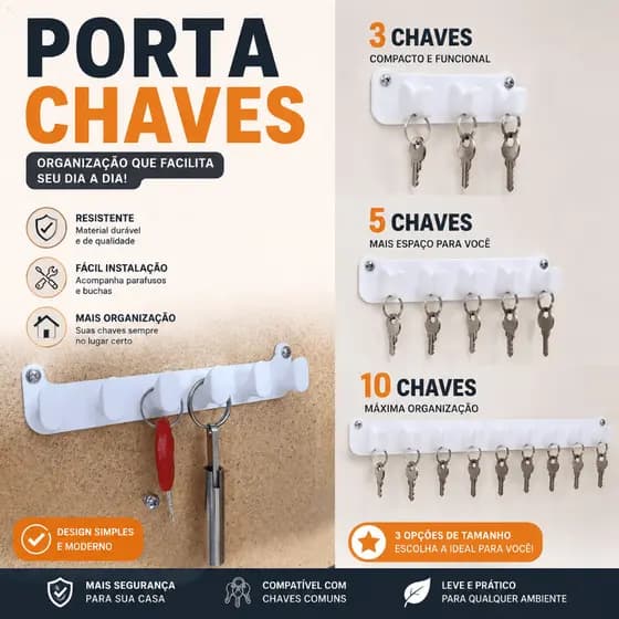 PORTA CHAVES DE PAREDE CHAVEIRO ORGANIZADOR DE CHAVES COM PARAFUSOS E BUCHAS 3, 5 E 10 GANCHOS