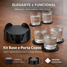 Porta Copos Redondo Preto com Suporte – Kit 6 Unidades Design Moderno Antiderrapante