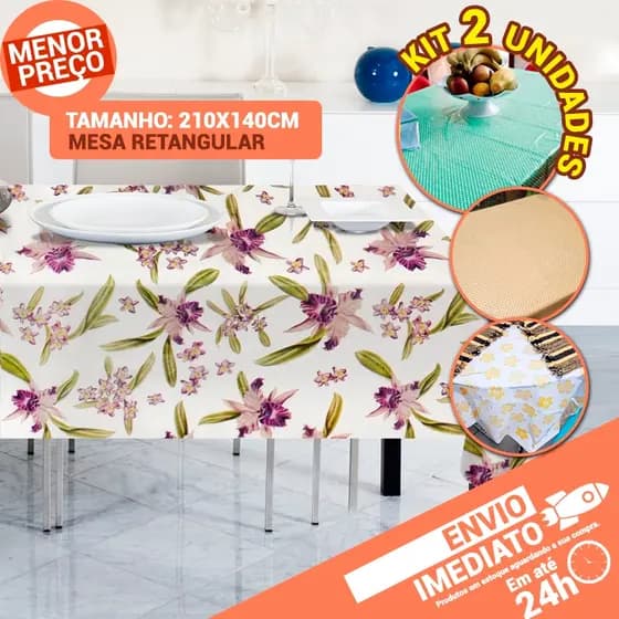 Kit com 2 Toalhas de Mesa 6 Lugares Impermeável Estampas Sortidas Decoração Cozinha 210 x 140cm
