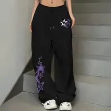 Calça Moletom Wide Leg Unissex Estilo Streetwear Confortável Modelo: "Estrelas Roxas" - Novidade Especial