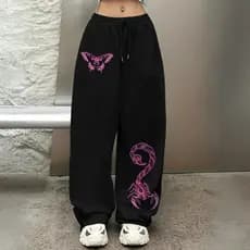 Calça Estilosa Streetwear Modelo Wide Leg Estilo Invernal Estampado Borboleta Escorpíão