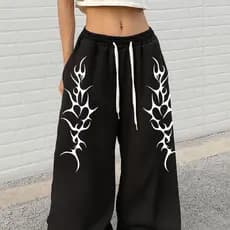 Calça de Moletom Wide Leg Unissex Estilo Streetwear Estampada com Escritos Góticos