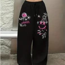 Calça Wide Leg Urban Style Moletom Confortável Premium Estampado com Desenhos Grafiti