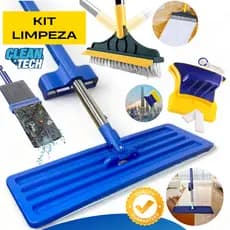 Kit Limpeza Completa Mop Flat 360° + Rodo Escova 2x1 + Limpador Magnético Vidros