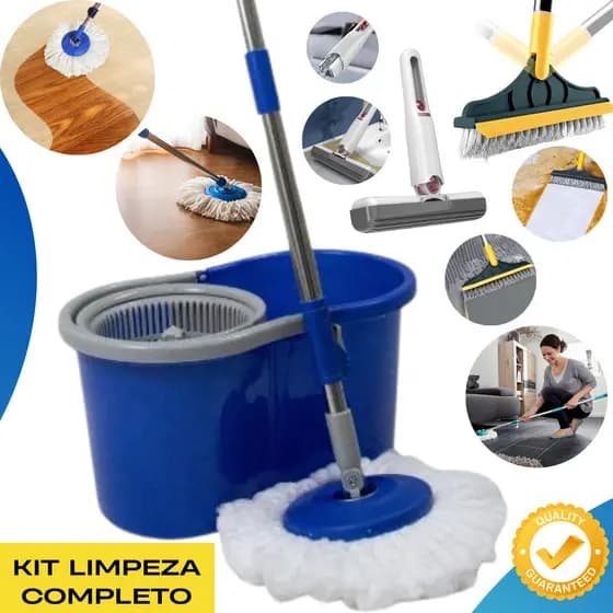 Mop Esfregão Giratório 360º Balde 8L + Mini Mop Portátil + Escova Rodo 2x1 para Banheiro Box Faxina