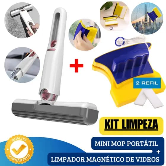 Kit Mini Mop Portátil + Limpador Magnético de Vidros com 2 Refis Limpeza Completa