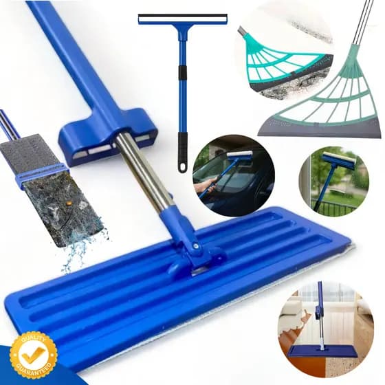 Mop Esfregão Flat Limpeza Chão Janela Teto + Rodo Silicone Vassoura Mágica + Limpador Vidros Janelas