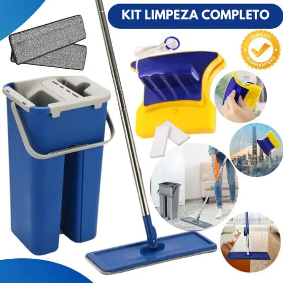MOP Flat Rodo Limpeza Completa Balde Lava e Seca + Limpador Magnético Vidros Janelas Faxina Completa