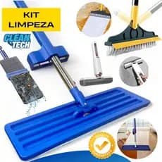 Kit Mop FLAT Giratório 360° + Escova Vassoura Rodo 2 em 1 + Mini Mop Limpeza Completa Casa