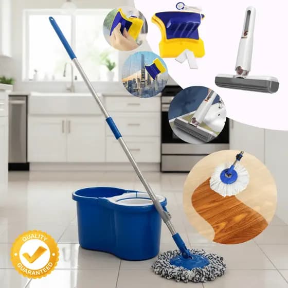 Kit Limpeza Completa Mop Giratório 360º Balde 8L + Mini Mop Portátil + Limpa Vidros Magnético