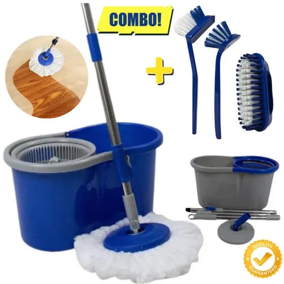 Mop Giratório Limpeza Balde 8L Limpa Seca Pisos Profissional + KIT 3 Escovas Multiuso Faxina