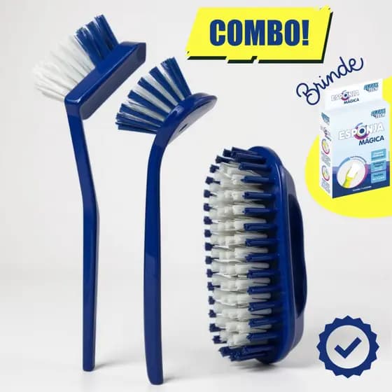 Kit Faxina 3 Escovas Multiuso Lavanderia para Toda a Casa + Esponja Mágica Inclusa