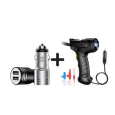 Kit Carregador Veicular Turbo + Compressor de Ar Digital 120W | Enche Pneus Rápido + Carrega Celular com Segurança