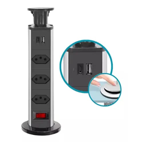 Torre de Tomada Embutir Retrátil com USB e Tipo-C