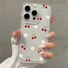 Capa De Telefone Para iPhone 16 15 Pro Max 14 13 12 11 16e 7 8 Plus SE 2020 XS X XR 12 13 Mini Cute Cherry & Daisy Trans