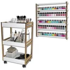 Kit Carrinho Auxiliar Industrial e Expositor Nicho Suporte Para Esmalte Salão De Beleza Manicure