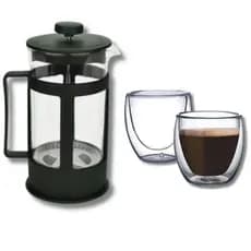 Kit Cafeteira Prensa Francesa Café 650ml + 2 Copos Vidro Parede Dupla