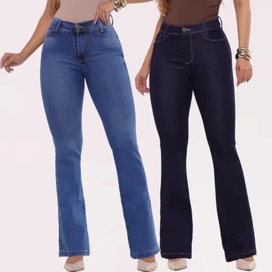 Kit 2 Calças Jeans Flare Feminina Com Lycra Elastano Empina Bumbum Cintura Alta