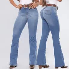 Calça Jeans Feminina Flare Country Cós e Cintura Alta Levanta Bumbum Com Lycra Elastano Bolsos