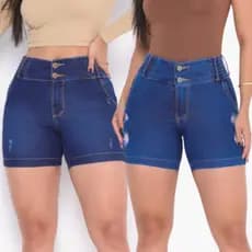 Kit 2 Short Feminino Jeans Levanta Bumbum Com Elastano Elástico Cós Cintura Alta Bermuda Meia Coxa