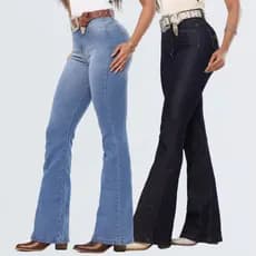 Kit 2 Calças Country Jeans Flare Feminina Cós Alto Com Elastano Lycra Empina Bumbum Rodeio Premium