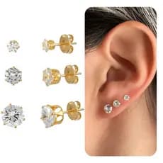 Trio de Brincos banho dourado brilho intenso Zircônia Redonda | Ponto de Luz 2mm 3mm 4mm