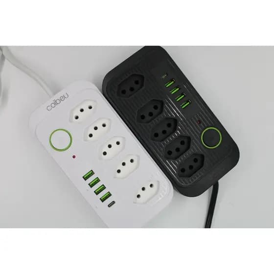 Extensão Elétrica Universal Bivolt com 5 Tomadas, 4 Portas USB e 1 Type-C – Cabo 2m