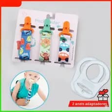 Kit 3 Prendedores de Chupeta Universal Porta Presilha Clipe MAM NUK Nilo + 2 Anéis Adaptadores