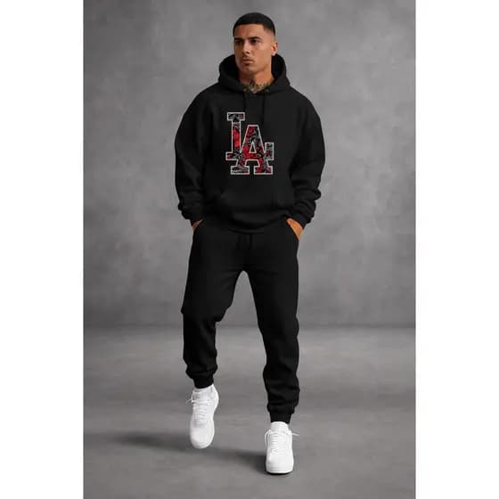 Conjunto Moletom Masculino LA Estampado com Capuz + Calça Jogger Moletom Inverno Casual Streetwear Confortável