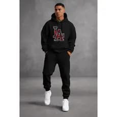 Conjunto Moletom Masculino LA Estampado com Capuz + Calça Jogger Moletom Inverno Casual Streetwear Confortável