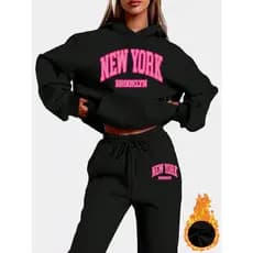 KIT CALÇA + MOLETOM COM CAPUZ E BOLSO FLANELADO ESTAMPADO MODA THUMBR NEW YORK BROOKLIN PINK