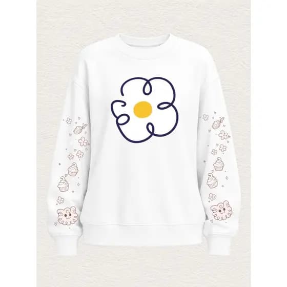 Moletom Gola Careca Feminino Flor Kawaii Estilo Coreano Tumblr Casual Confortável Flanelado Tendência 2026
