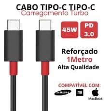 Cabo Tipo C Tipo C 45W Turbo 1 Metro Carregamento Rápido para Samsung, Xiaomi, MacBook
