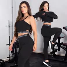 Conjunto 3 Peças Calça Legging + Top + Cropped de Telinha Preto com Elásticos Conjunto Fitness